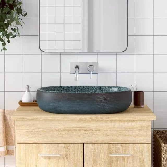 Berkfield Home Oval Ceramic Countertop Basin in Turquoise and Black, W: 59 cm, D: 40 cm, H: 14 cm