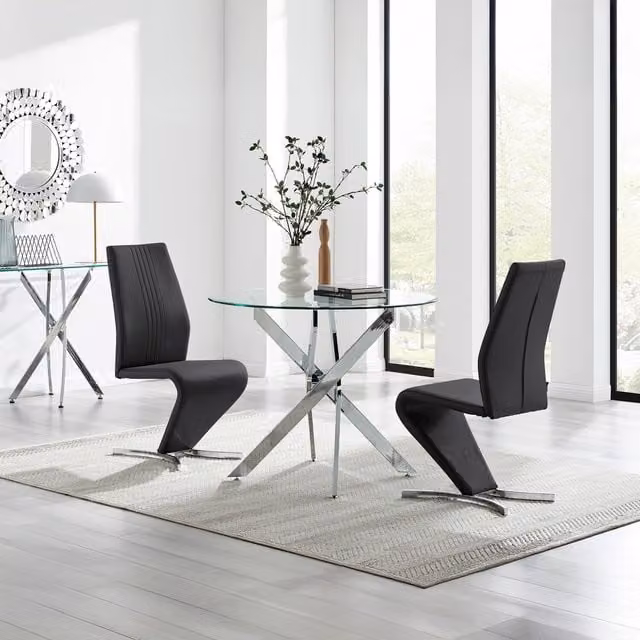 FurnitureboxUK Novara Round Glass Dining Table and 2 Willow Chairs in Black, Diameter: 100 cm