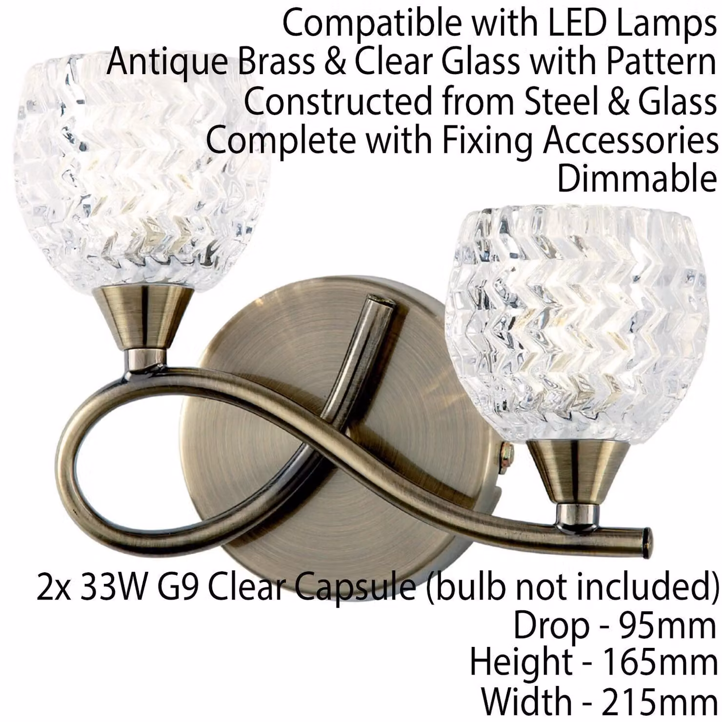 Loops 2 Pack LED Twin Wall Light with Twist Arm in Antique Brass and Clear Glass Pattern, Dimmable – 2