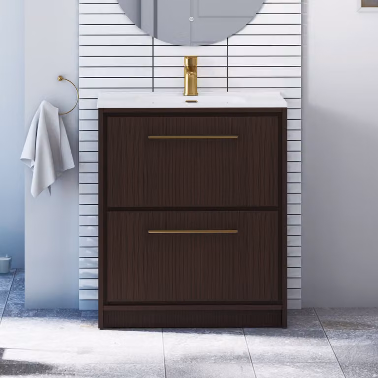 Livora Walnut Woodgrain Floor Standing Bathroom Vanity Unit with 2 Drawers and Ceramic Basin