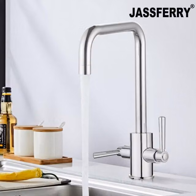 JASSFERRY Kitchen Mixer Tap with Two Handles, Swivel Spout, Chrome Silver