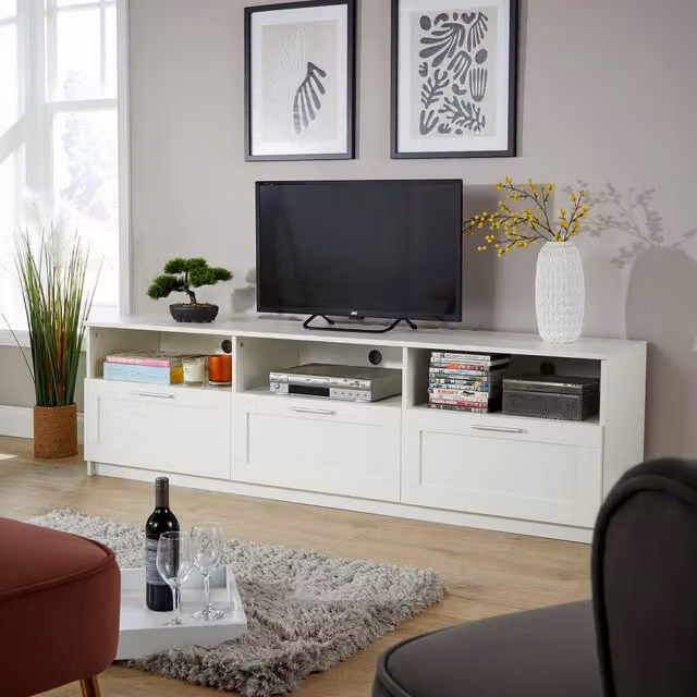 Home Source Latham 3 Drawer Media Entertainment Storage TV Stand in White