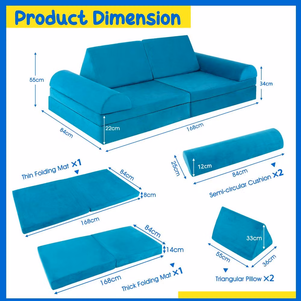 Costway 6-Piece Modular Kids Play Couch Sofa Set, Convertible Soft Foam Playset in Turquoise and Black – 2