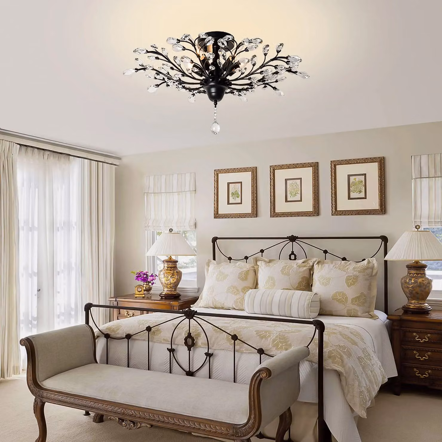 Garwarm 5-Light Dimmable Crystal Semi Flush Mount Ceiling Light in Black – 5