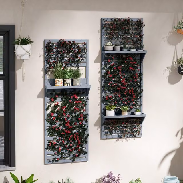 Outsunny Set of 2 Grey Wall Mounted Wooden Plant Stands with Slatted Trellis