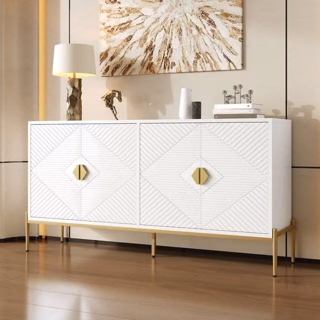 Merax Geometric 4-Door Sideboard in White with Gold Handles and Metal Legs, W: 158 cm