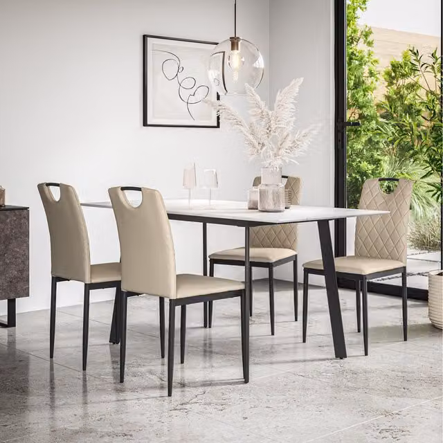 More4Homes Haydon Extending Marble Effect Dining Table and 4-6 Monza Faux Leather Chair Set in Beige