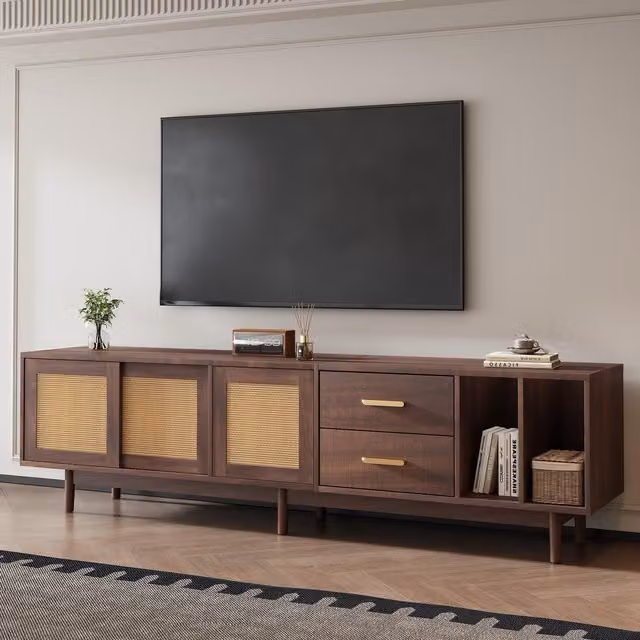 Aosom UK Modern Wood TV Stand Cabinet with Rattan Sliding Doors and 2 Drawers, Brown, W: 190 cm, D: 40 cm, H: 52 cm – 1