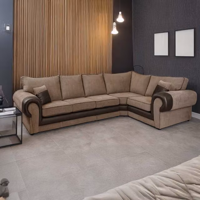 Furnishings For Less UK Portland 5 Seater L Shaped Corner Sofa in Beige Fabric and Synthetic Leather, Right Hand Facing