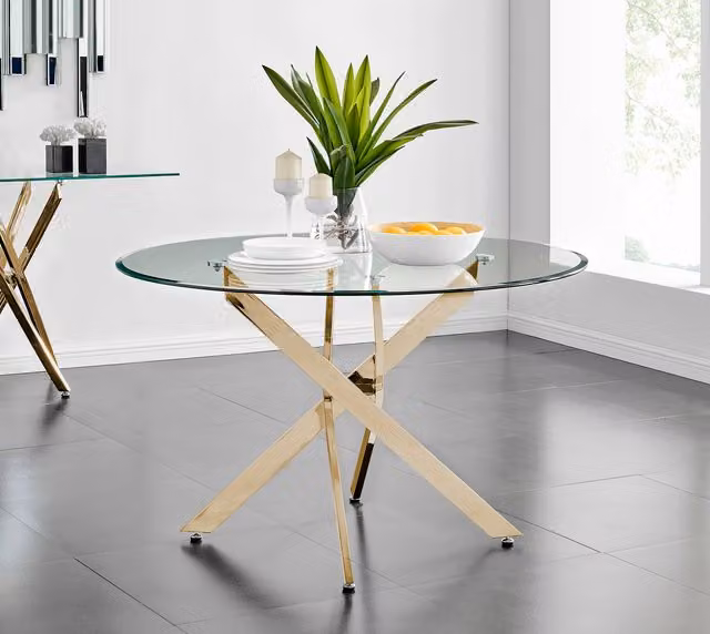FurnitureboxUK Novara Gold Round Glass Dining Table and 6 Black Corona Gold Chairs Set