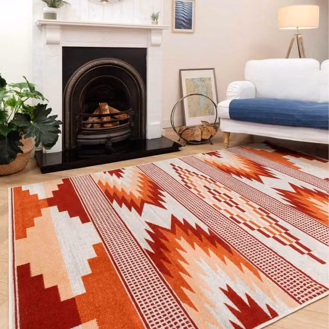 The Rug House Orange Terracotta Tribal Geometric Boho Low Pile Living Area Rug, Width: 230 cm