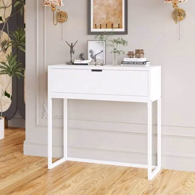 VOGREX White Modern Console Table with MDF Top and Metal Frame for Hallway or Living Room – 1