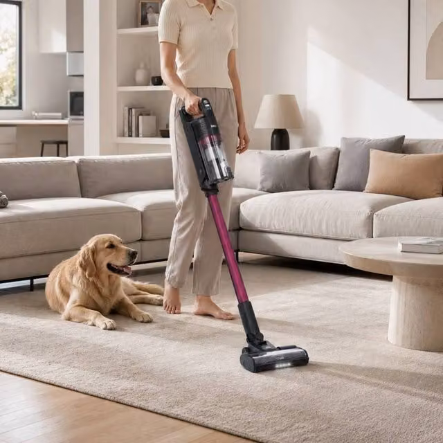 ExtraStar 200W Cordless Bagless Vacuum Cleaner in Pink with Turbo Brush and Anti-Tangle Roller