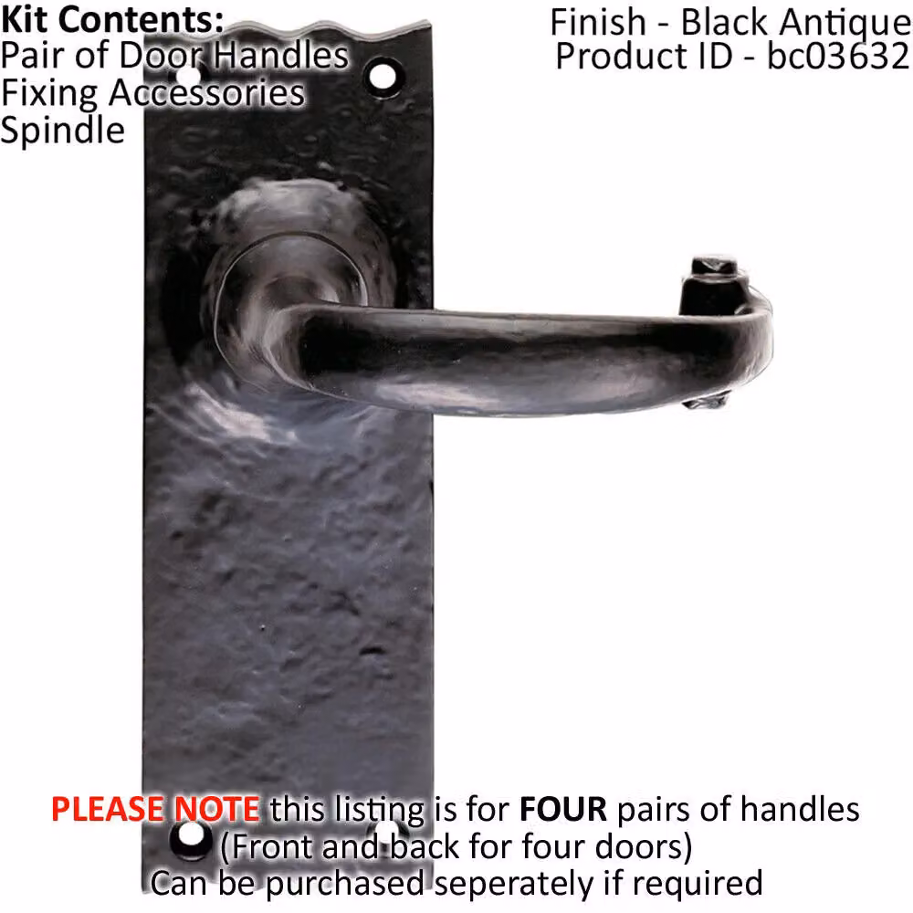 Loops 4x Pair Forged Curved Lever Handles with Latch Backplate, Black Antique, W: 155 mm, H: 54 mm – 2