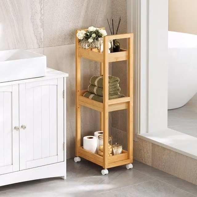 SONGMICS Slim Bathroom Trolley with 3 Adjustable Shelves and Wheels in Natural Sand – 1