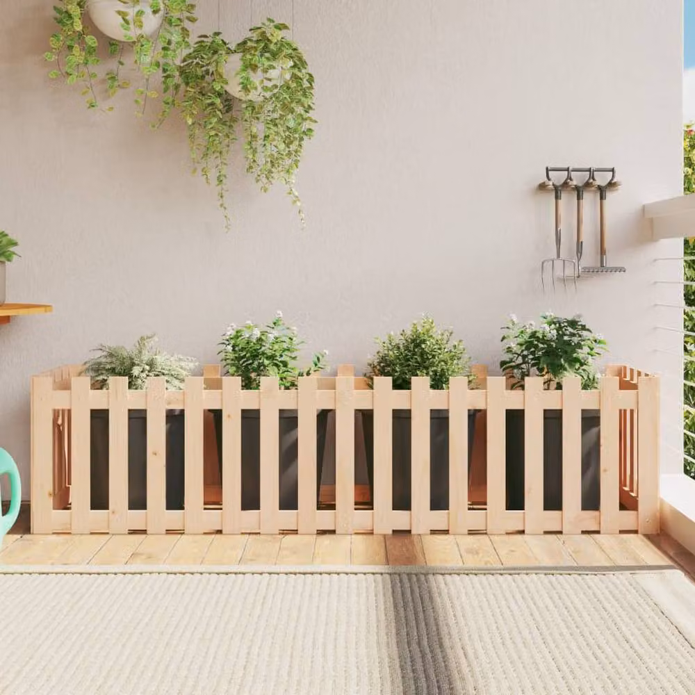 Berkfield Home Garden Raised Bed with Fence Design in Sand Wood, W/D/H: 200 x 50 x 50 cm – 2