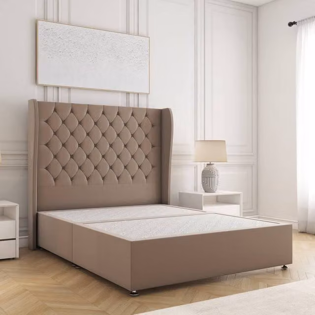 BSSPOKE Amelia Small Double Divan Bed Set with 54 inch Plush Velvet Headboard in Taupe Beige