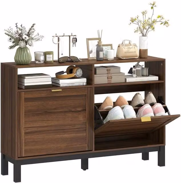 Havendro Modern Brown Narrow Shoe Cabinet with 2 Tilting Compartments and Open Shelf