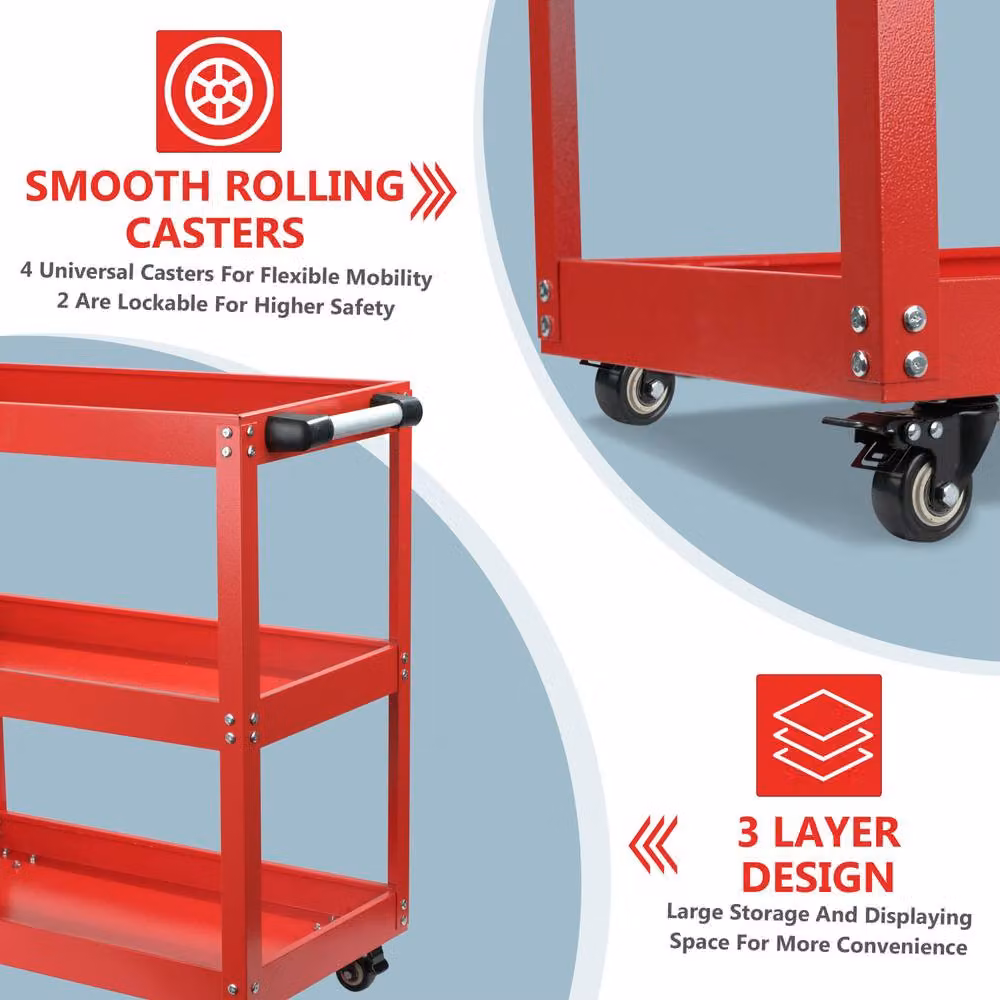 Crystals 3 Tier Heavy Duty Tool Storage Cart with Wheels in Red, W: 52 cm, D: 52 cm, H: 74 cm – 4