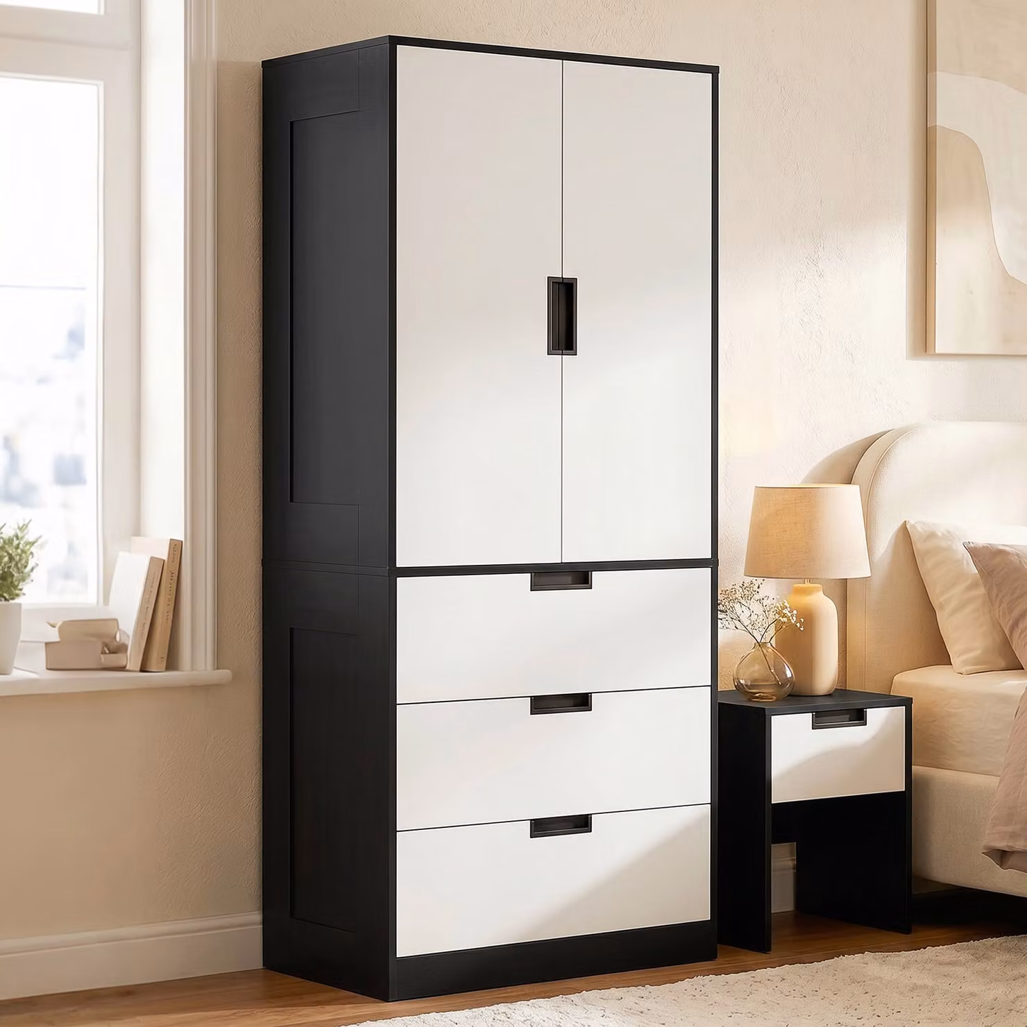 HOMCOM Modern Double-Door Wardrobe with 3 Internal Drawers and Hanging Rod in Black and White – 9