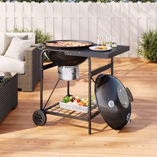 Livingandhome Portable Charcoal Tabletop BBQ Grill with Wheels and Thermometer, Black