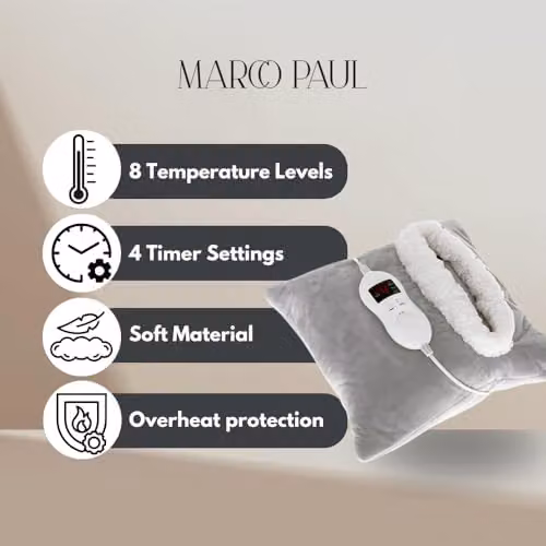 Marco Paul Interiors Large Grey Fleece Heated Pad for Back, Neck and Shoulder Pain Relief, Mains Powered with 8 Heat Settings and Washable Removable Cover, W/D/H: 38 x 38 x 38 cm – 2