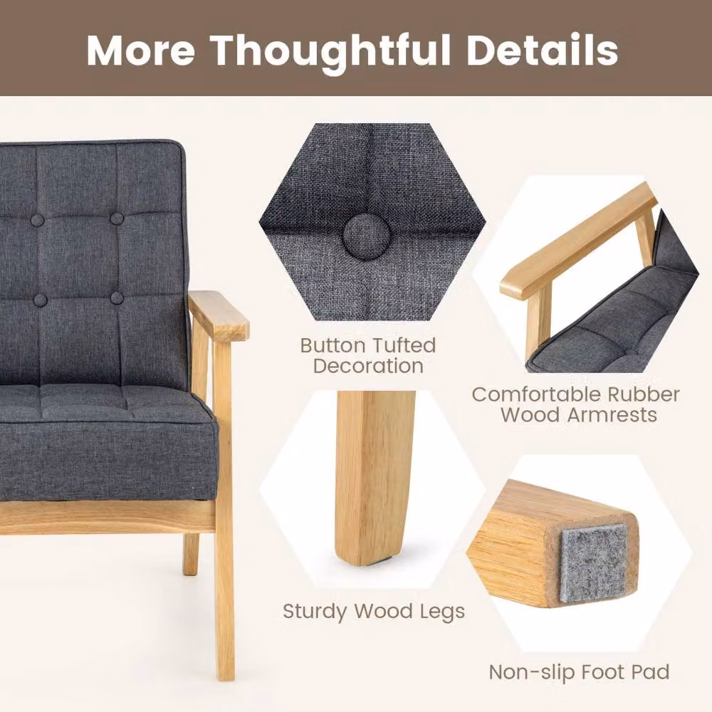 Costway Modern Upholstered Accent Sofa Chair in Grey with Rubberwood Armrests – 5