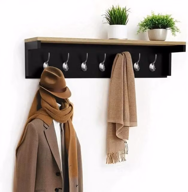 Havendro Black Wall Coat Rack Shelf with 7 Double Hooks, W: 80 cm