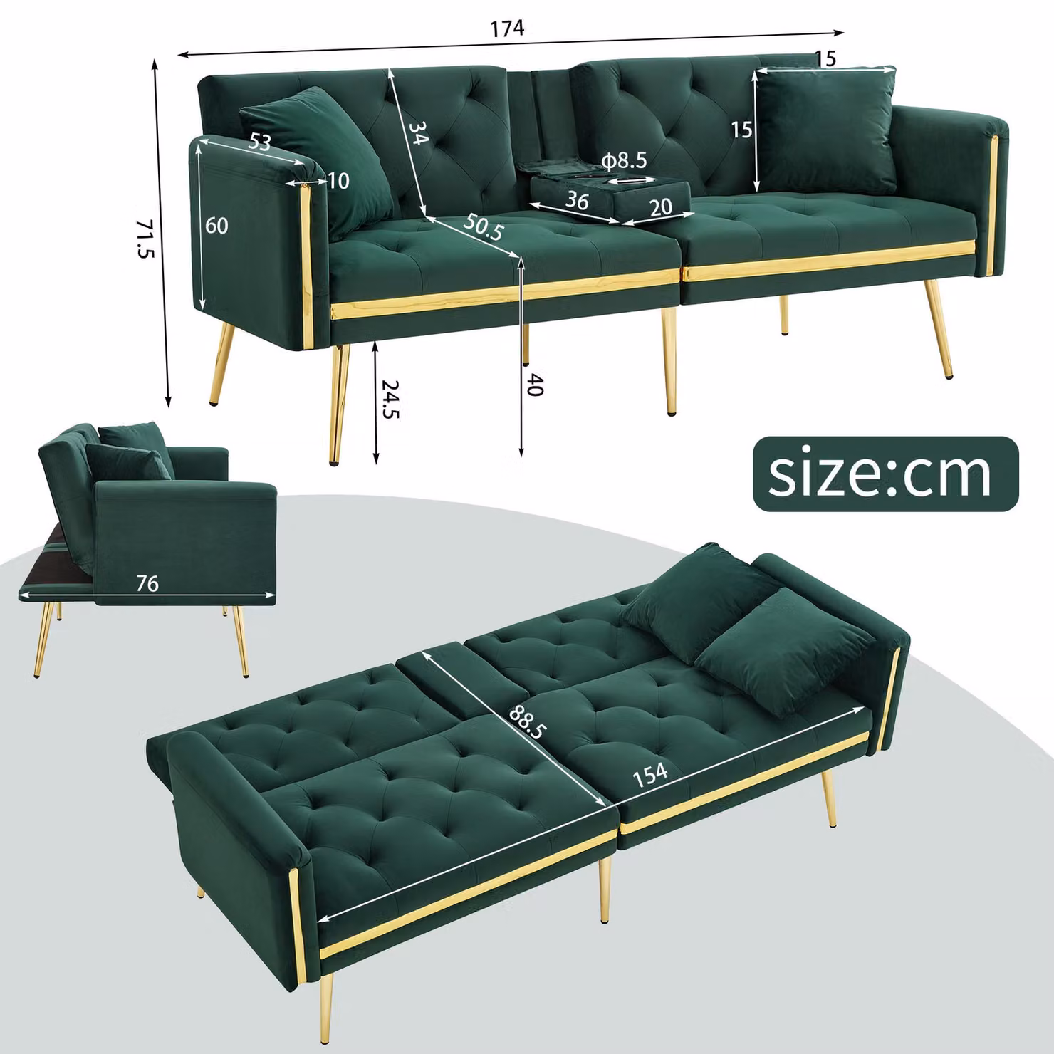 Aosom UK Green Velvet Two-Seater Convertible Sofa Bed with Adjustable Backrest and Cup Holders, W/D/H: 174 x 76 x 71.5 cm – 3