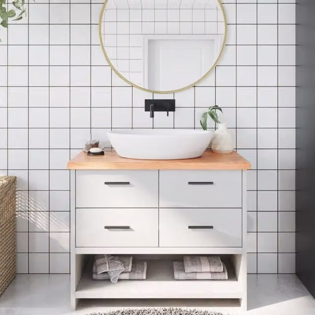 Berkfield Home Light Brown Treated Solid Wood Bathroom Countertop W: 100 cm, D: 50 cm, H: 2-4 cm