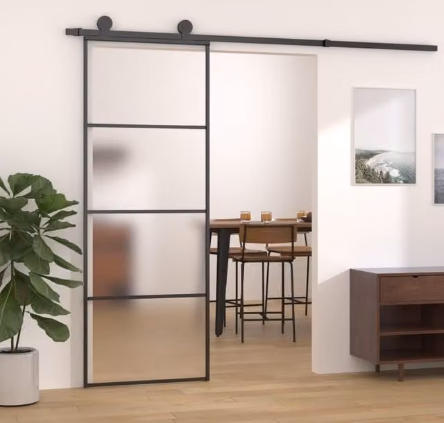 Berkfield Home Modern Black Sliding Door with Frosted ESG Glass and Aluminium, W: 76 cm, H: 205 cm – 1