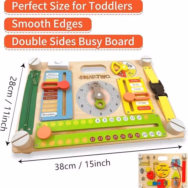 Dyzi Montessori Double Sided Wooden Busy Board in Multicolour and Orange