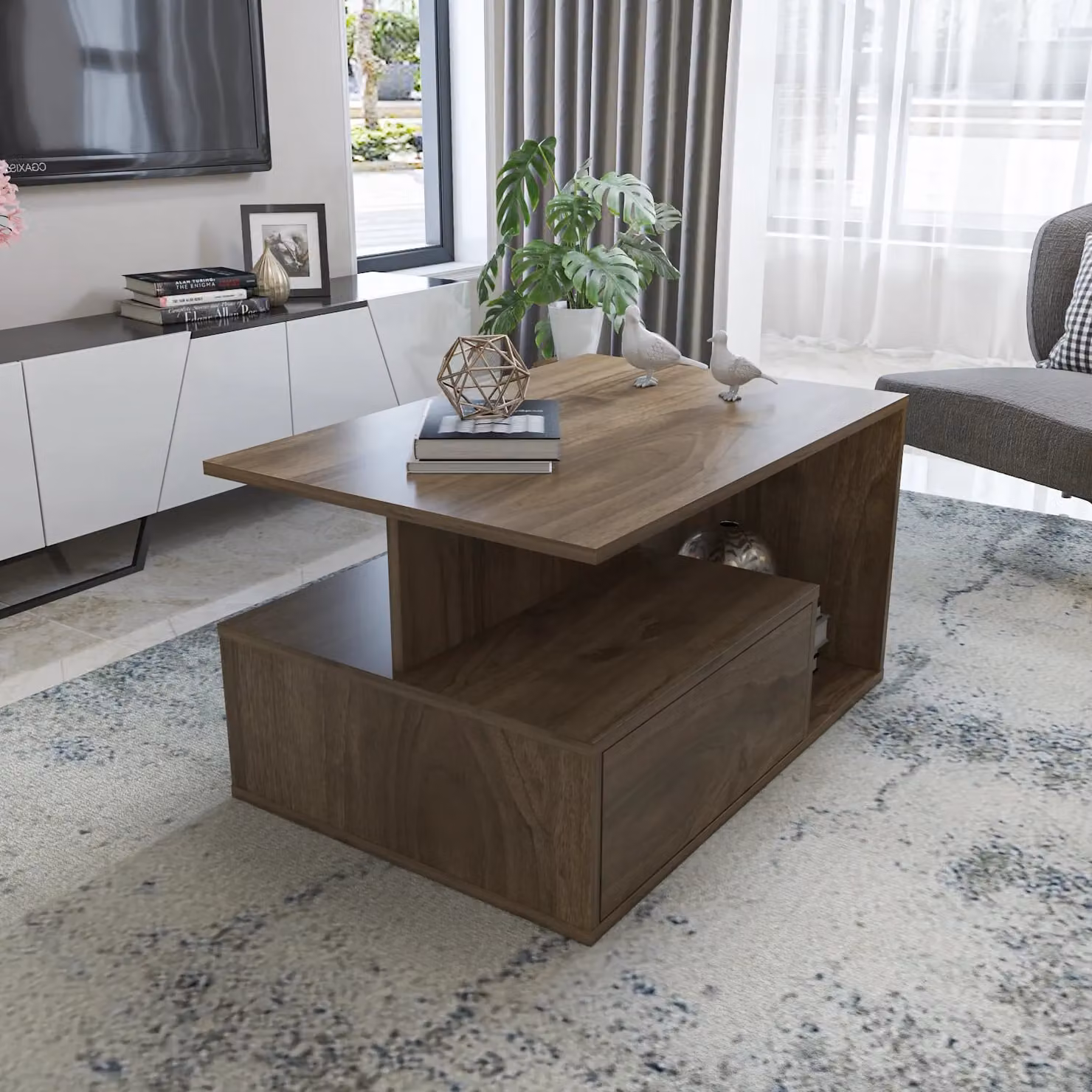 Decorotika Mana Modern Rectangular Coffee Table with Cabinet Storage and Open Shelves in Dark Brown – 2