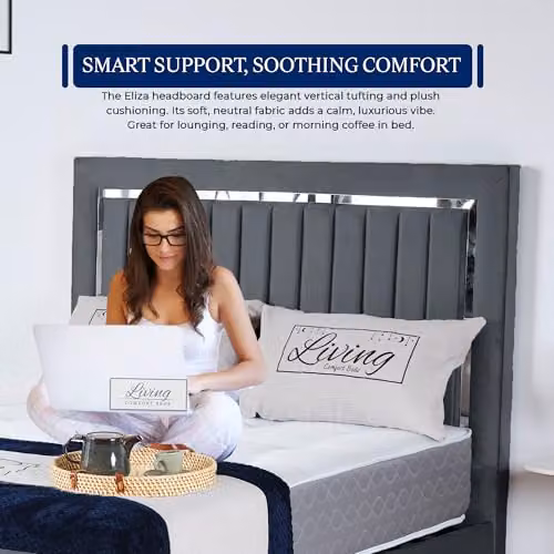 Living Comfort Bedz Zurich Plush Velvet Super King Bed in Steel Grey with Vertical Lined Headboard and Silver Trim Detailing, W/D/H: 200 x 190 x 122 cm – 4