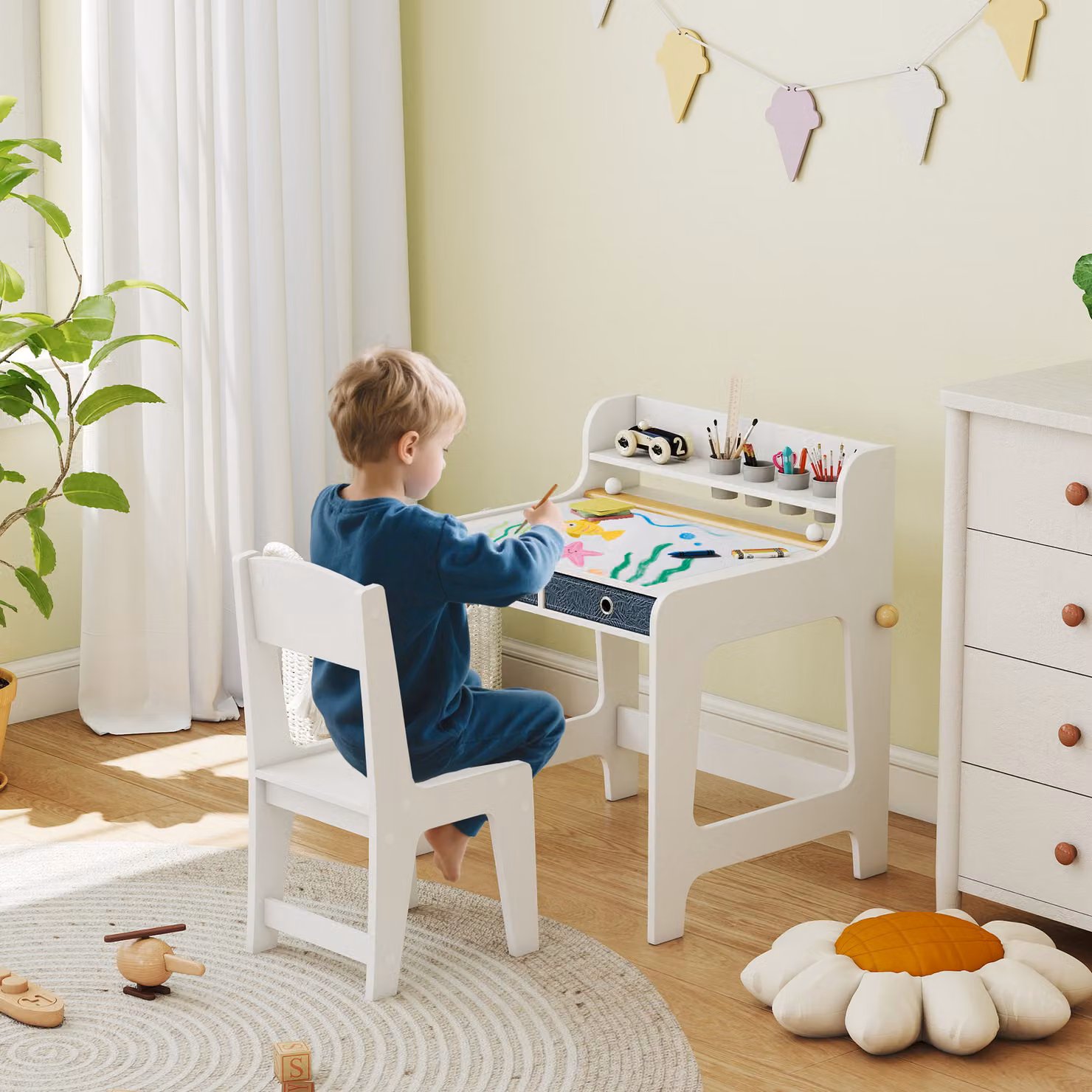 AIYAPLAY Childrens Art Table and Chair Set in White with Storage Shelf and Drawers – 2