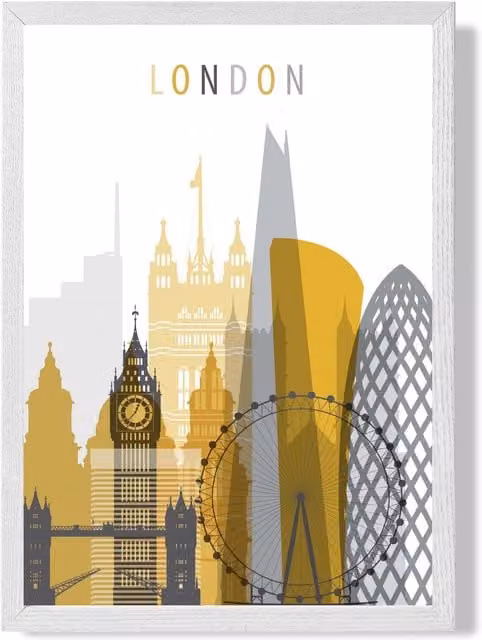 ARTZE London Yellow and Grey City Skyline Framed Print with White Frame, A4