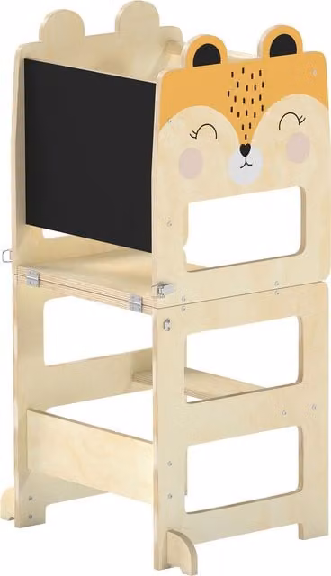 AIYAPLAY 3-in-1 Fox-Shaped Toddler Step Stool and Standing Tower with Chalkboard in Natural Brown Wood – 1