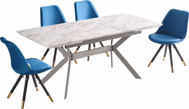 Life Interiors Sofia Blaze LUX Mid-Century Dining Set with Extendable Rectangular Marble Table and 4 Blue and Gold Chairs