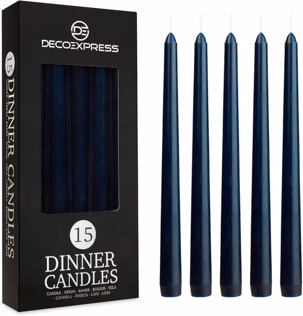 Deco Express Classic Dripless Tapered Unscented Metallic Candles in Blue, 15 Pack