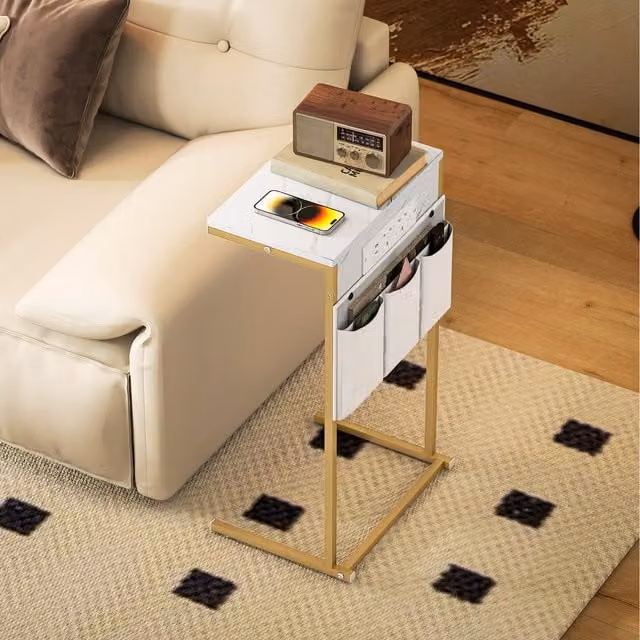 HOMCOM C-Shaped Bedside Table with Charging Station and Storage Bags in White