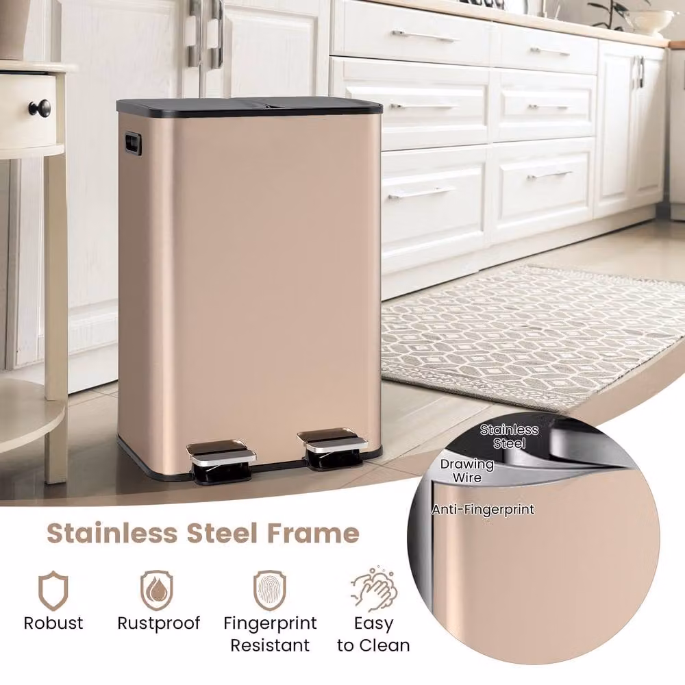 Gymax 60L Dual Step Trash Can with Two 30L Removable Liners in Rose Gold Stainless Steel – 6