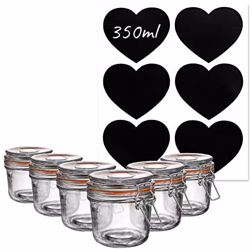 Argon Tableware Set of 6 Leakproof Glass Storage Jars with Clip Lids and Labels, 350ml, Transparent