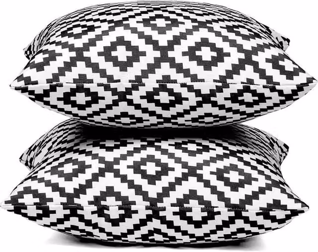 Brentfords Pack of 4 Water-Repellent Outdoor Geometric Square Filled Cushions in Black and Grey