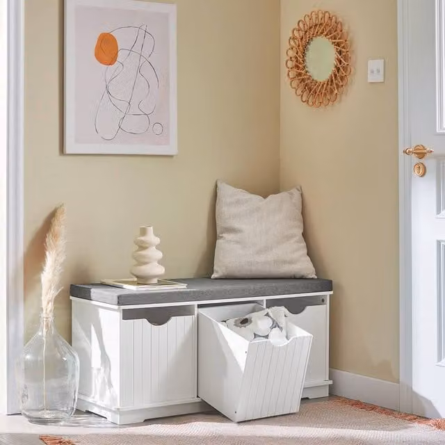 SoBuy Scandinavian Style Entrance Bench with Removable Fabric Cushion and 3 Storage Boxes in White and Grey – 1
