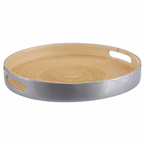 Orsina Kyoto Small Round Bamboo Serving Tray with Handles, Silver, Diameter: 30 cm