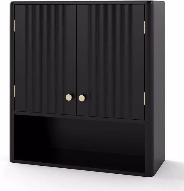 VOGREX Black Matt Wall Mounted Over-Toilet Storage Organizer with Hinged Doors and Internal Shelves