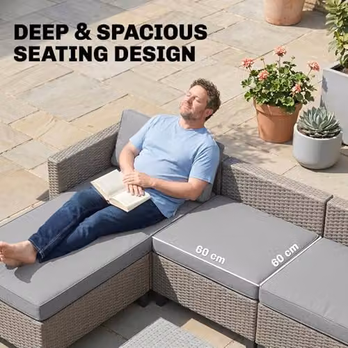 Outsunny 5-Piece L-Shape Rattan Garden Furniture Set with Ottoman and Coffee Table in Grey and Brown – 3