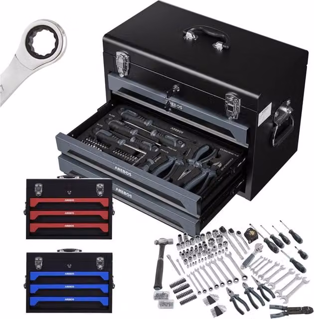 AREBOS 172-Piece Chrome Vanadium Hand Tool Set with Sockets, Wrenches, Screwdrivers, Hammers and Pliers in Anthracite and Black