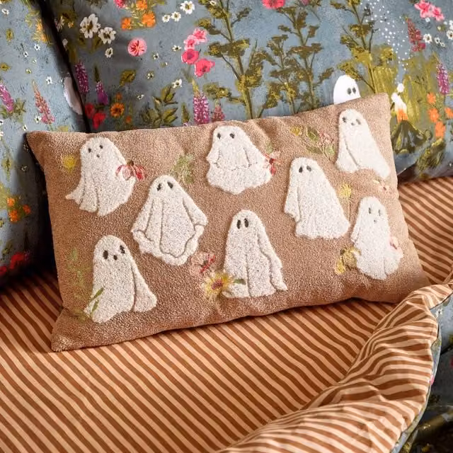 Furn Botanical Ghost Floral Velvet Cushion in Beige, W: 50 cm, H: 30 cm