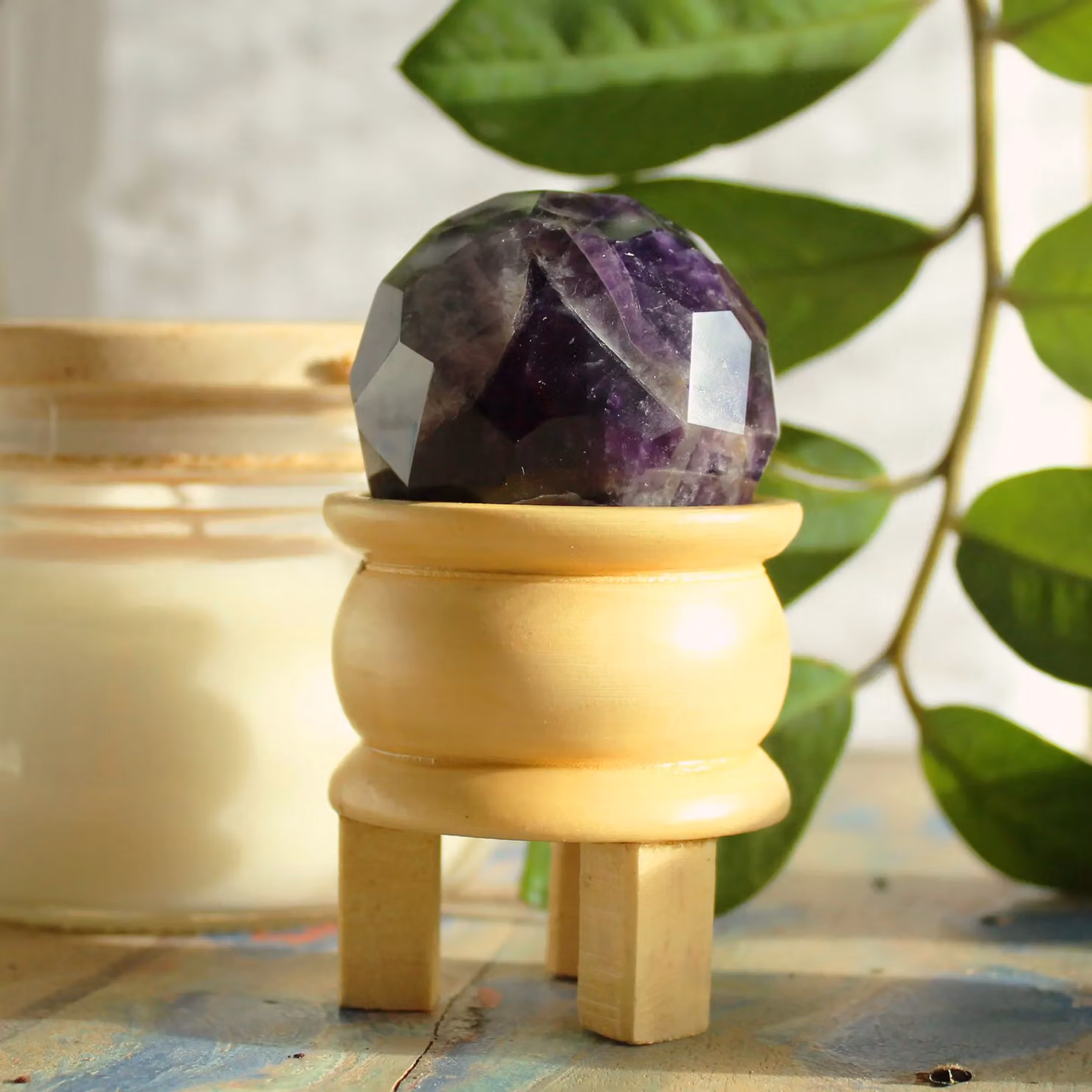 KDMD Amethyst Gemstone Faceted Healing Ball with Brown Wood Stand in Purple – 3